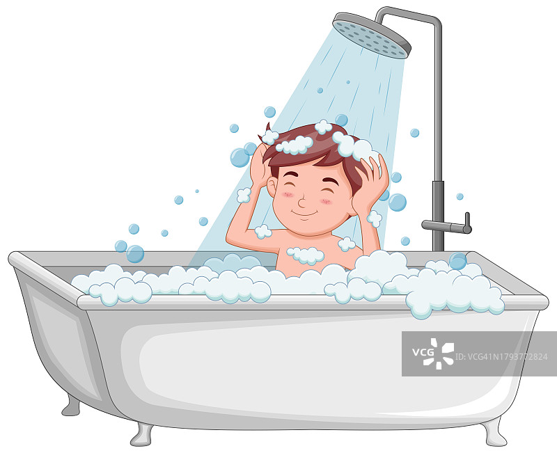 小男孩在浴缸里洗澡。矢量图图片素材