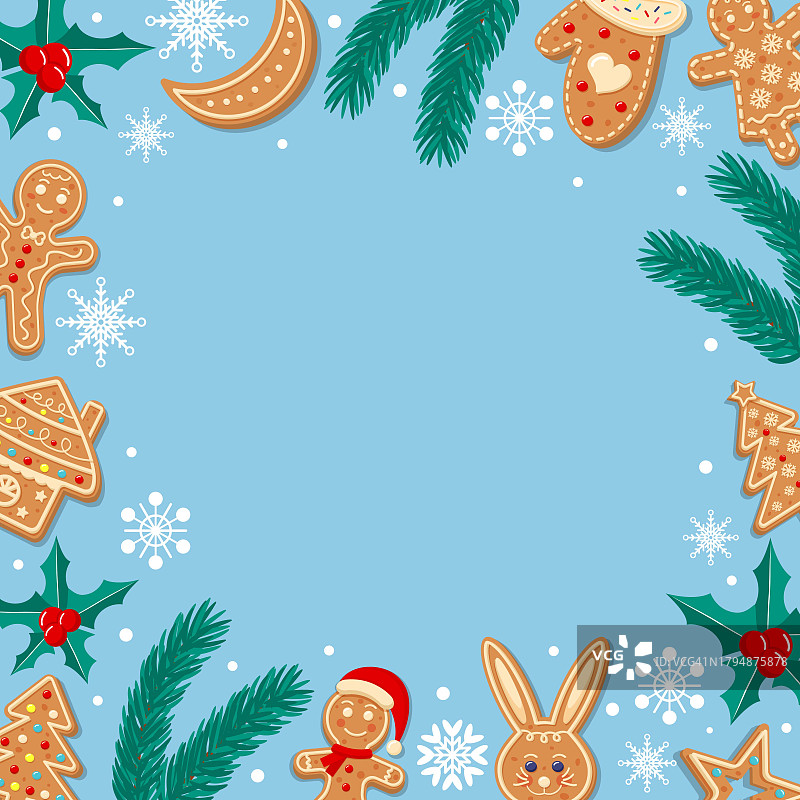 柔和的蓝色背景与雪花，姜饼，冬青和冷杉树枝。喜庆的圣诞设计。为文本留出空间。模板卡片，横幅，海报。图片素材