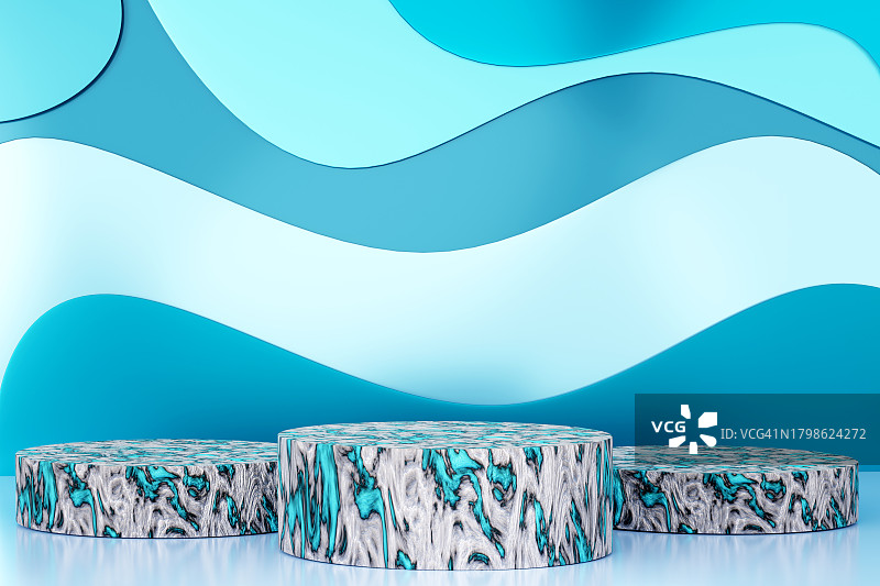 白色大理石圆柱讲台，基座，蓝色波浪背景产品展示平台。未来的3D模式。抽象几何构图，设计元素。冬季霜冻概念。图片素材