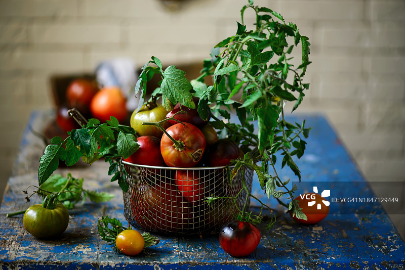 新鲜、成熟的有机西红柿放在旧篮子里图片素材