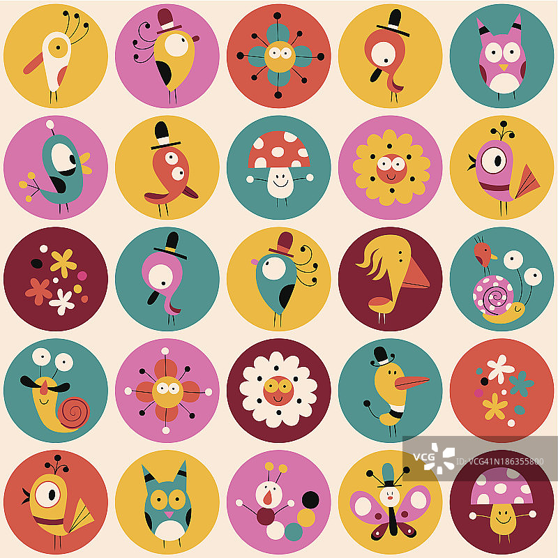 花，鸟，蘑菇和蜗牛字符圆圈图案图片素材