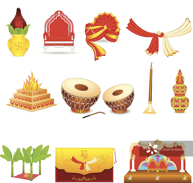 描绘印度婚礼的一组图标图片素材