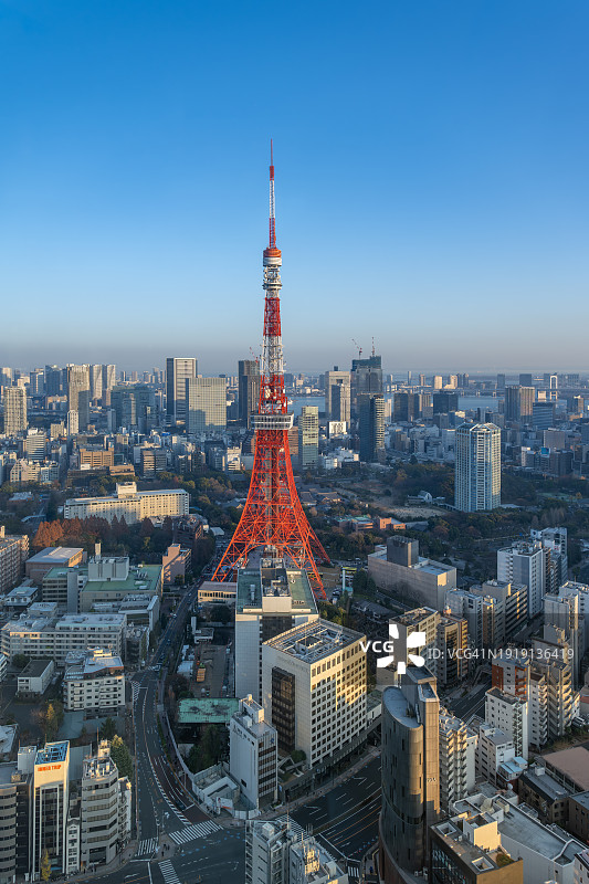 从六本木丘陵地区看到东京塔和彩虹桥和东京湾地区的东京城市景观。图片素材