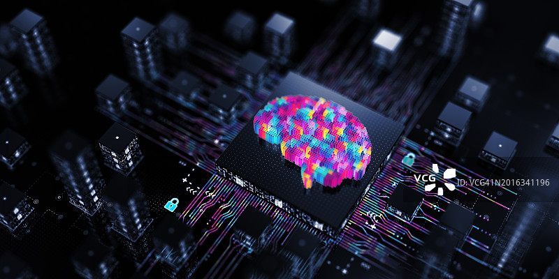 大脑人工智能芯片。机器学习-数字思维技术概念。本空间图片素材