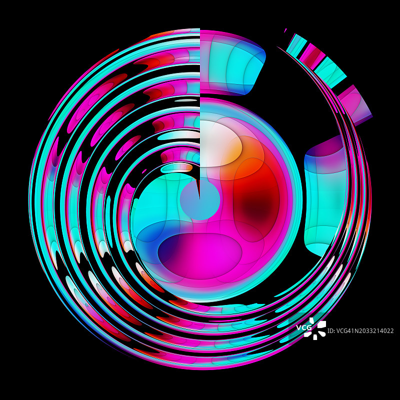 漩涡抽象霓虹水品红圆运动螺旋几何扭曲形状在黑色背景图片素材