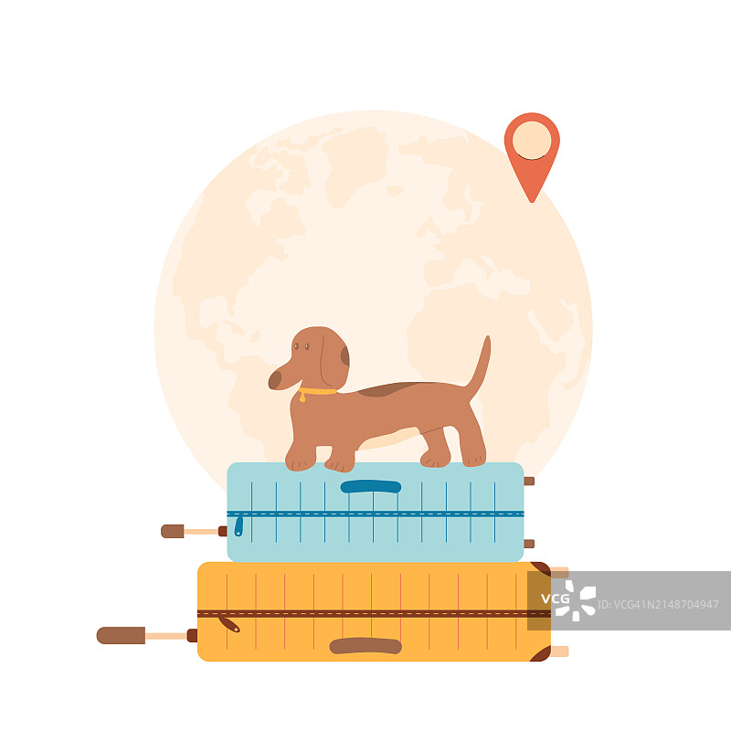 带着宠物旅行。和狗一起旅行。手提箱和家畜。带着行李的小狗和带位置标志的行星地图。矢量平面插图图片素材