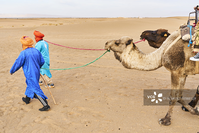 摩洛哥，扎戈拉——2023年12月5日:在一个阳光明媚的日子里，两个人牵着绳子和骆驼在扎戈拉沙漠的沙滩上散步的侧视图图片素材