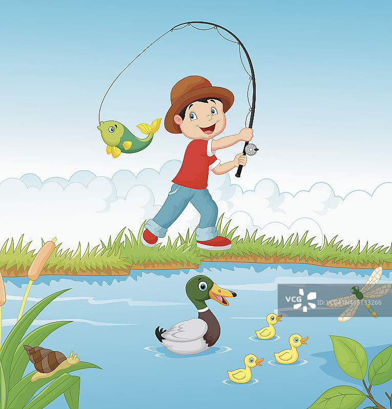 小男孩卡通钓鱼图片素材