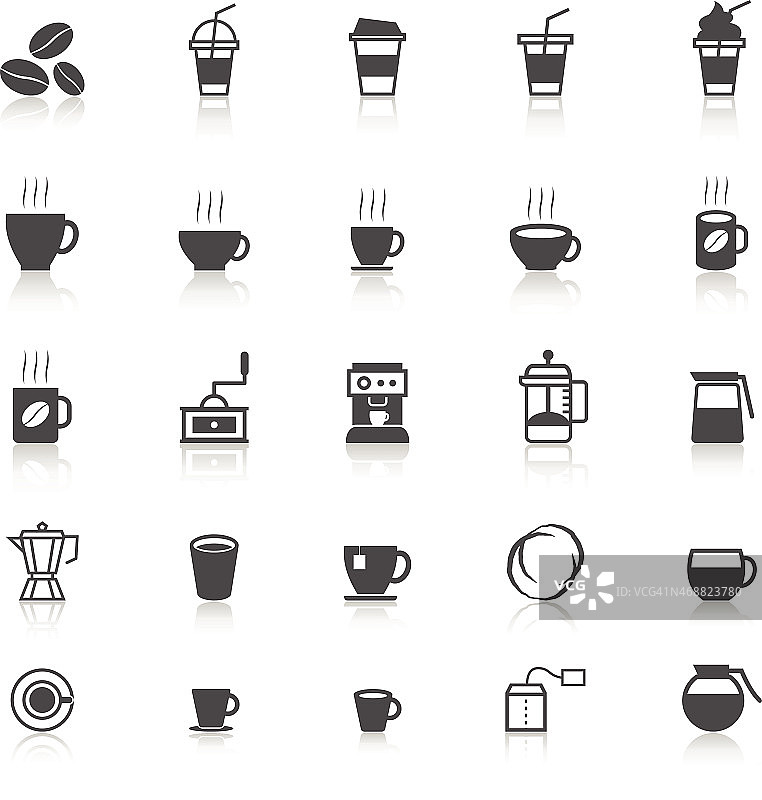咖啡图标与反映在白色的背景图片素材