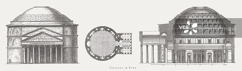 罗马万神殿，木刻，1874年出版图片素材