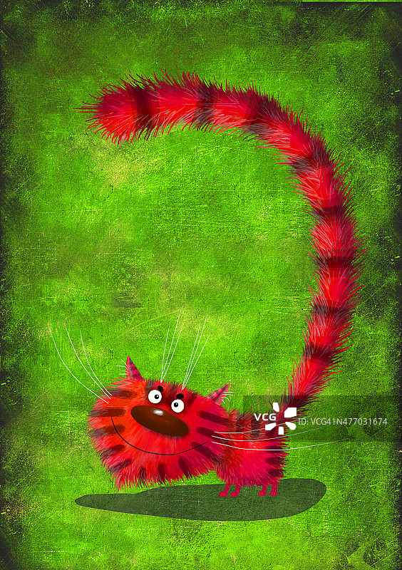 绿色背景上的红色微笑小猫图片素材