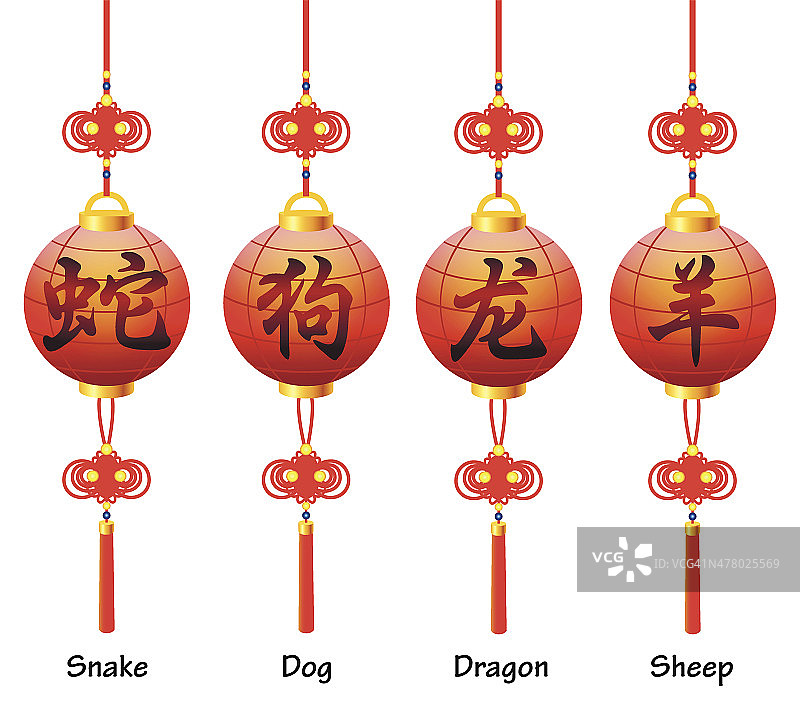 灯笼上的中国符号。老鼠，兔子，牛，猪。图片素材