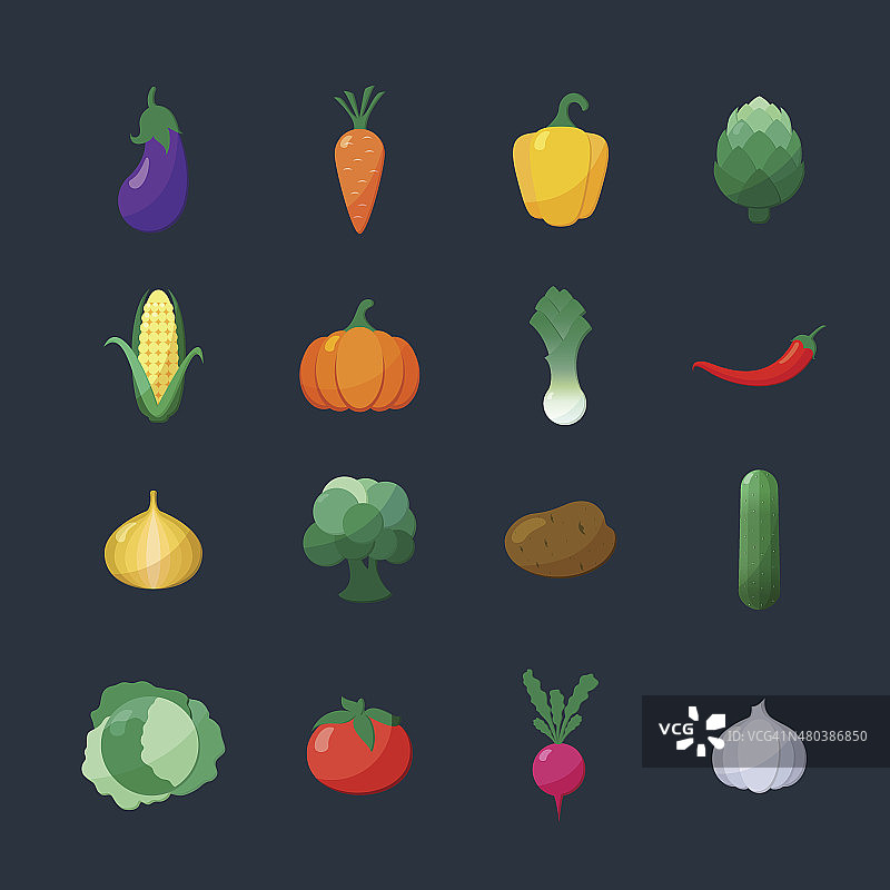 矢量图标蔬菜平面风格设置孤立在黑暗的背景图片素材