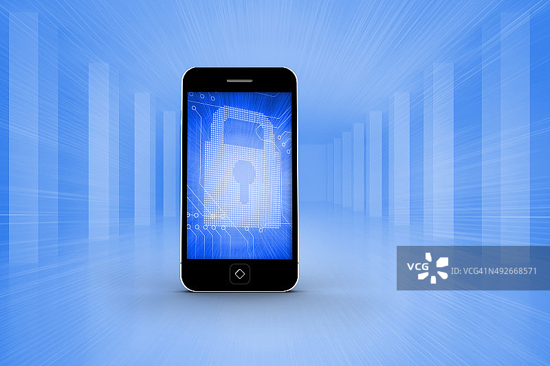 智能手机屏幕上的蓝色锁的合成图像图片素材