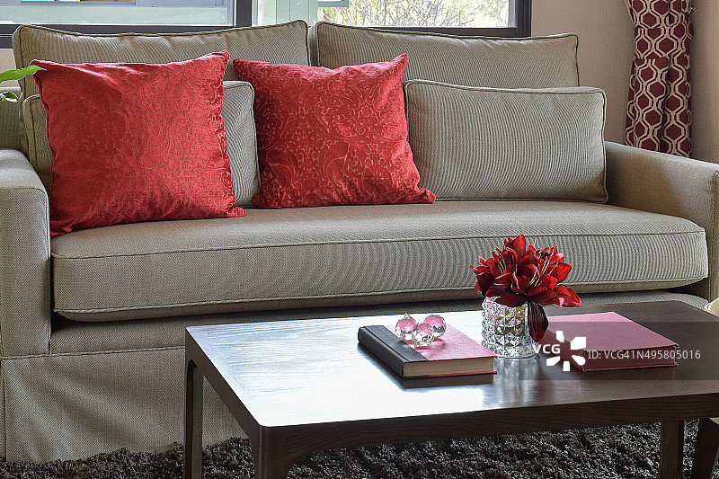 舒适的沙发，红色的枕头和红色的书在桌子上图片素材