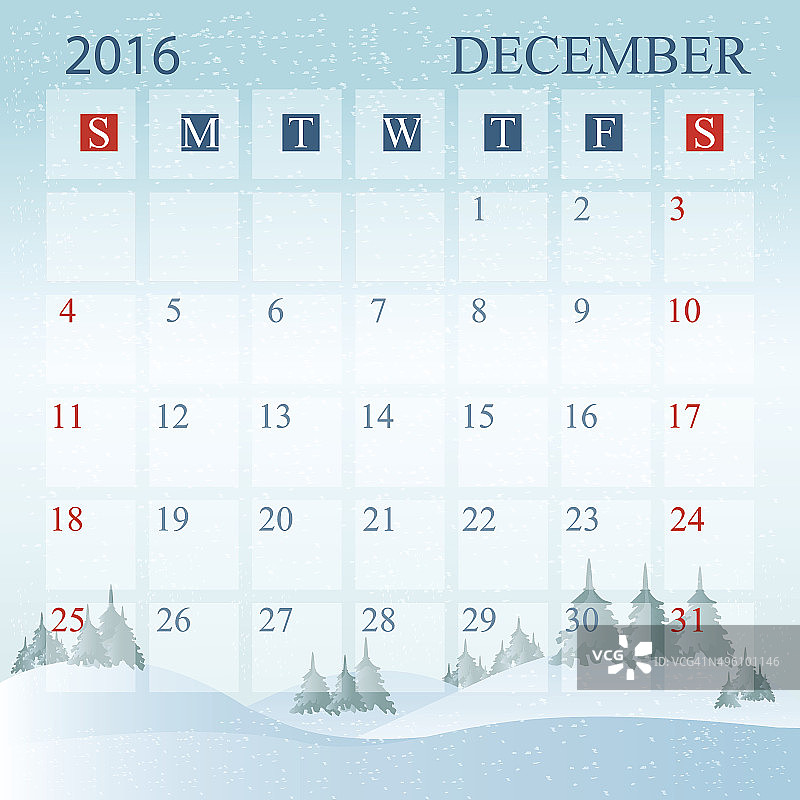 12月Calendar2016设计。图片素材