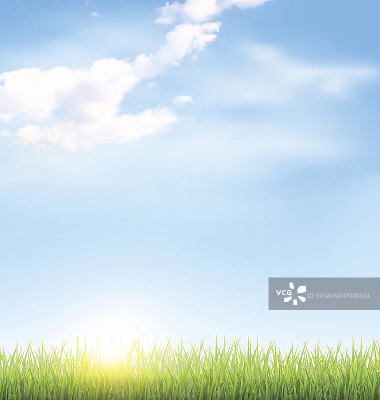 草地草地，云朵和蓝天上的太阳图片素材