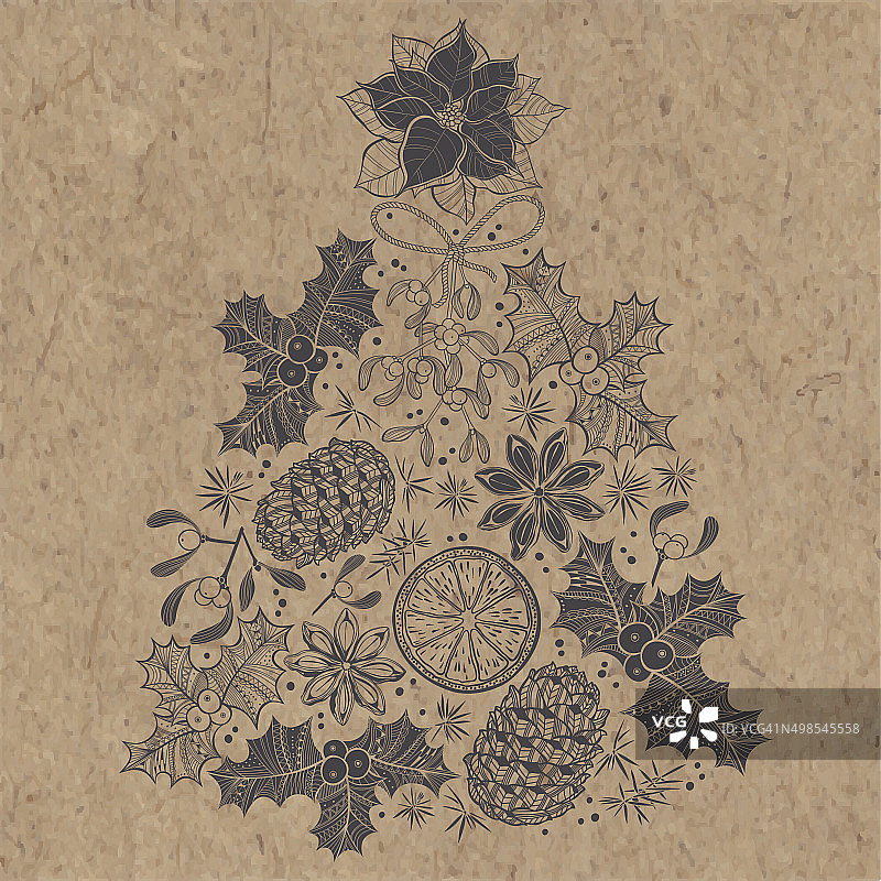 圣诞树。手绘矢量插图在牛皮纸的背景。图片素材