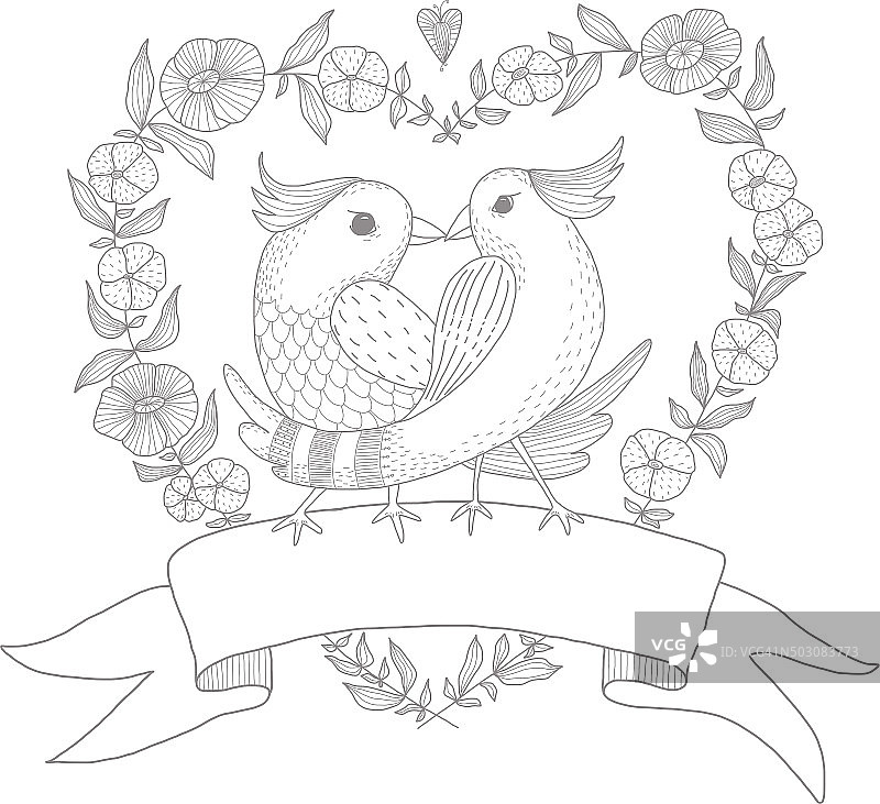 手绘插图的两只鸟与一个花环图片素材