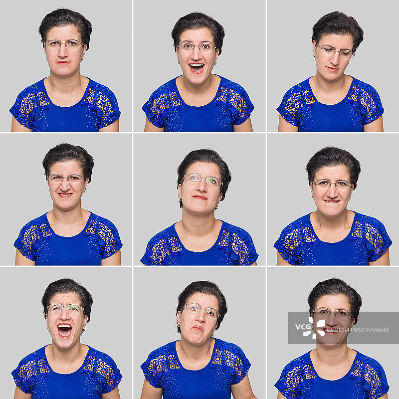 中年妇女作出各种面部表情-股票图像图片素材
