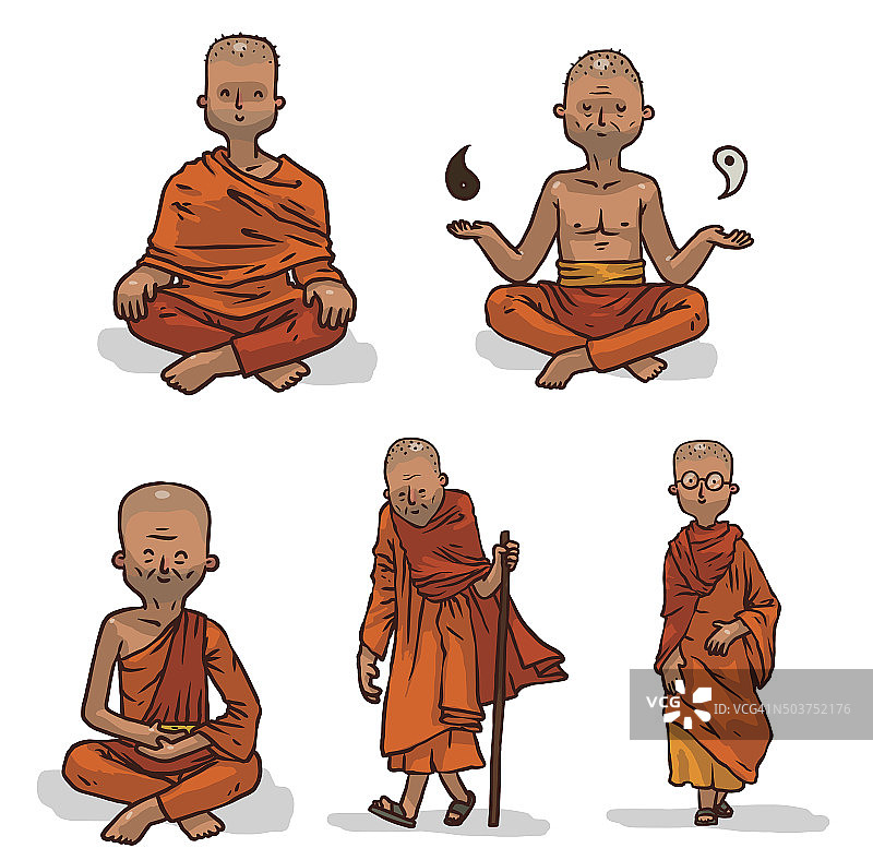 向量套佛教僧人在橙色衣服。图片素材