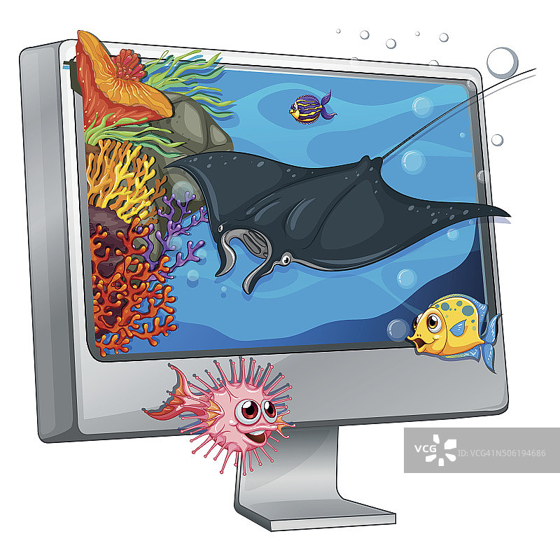 黄貂鱼在电脑屏幕上游泳图片素材