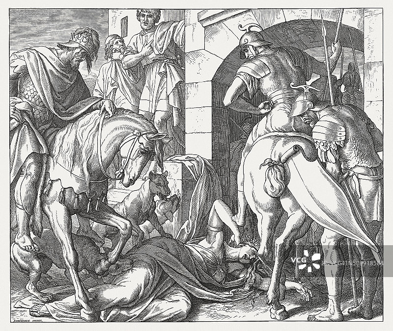 耶洗别之死(列王二世第九章)，木刻，1860年出版图片素材