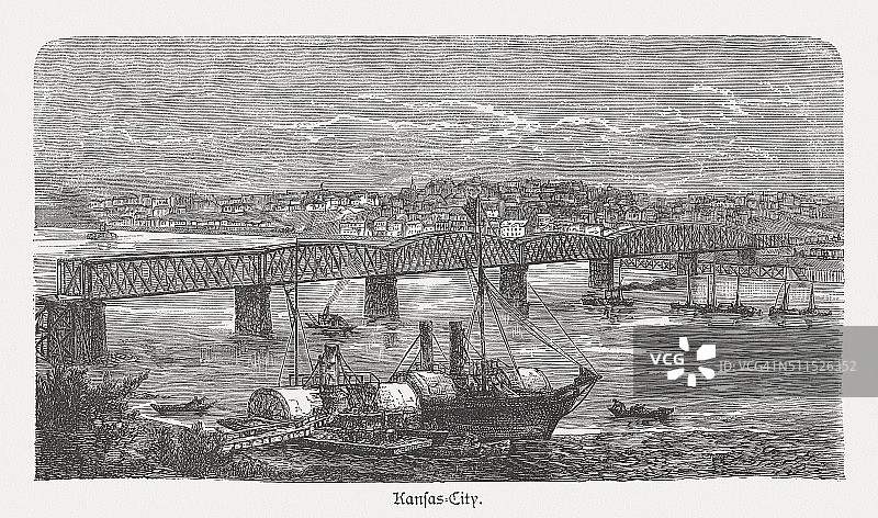 密苏里河上的堪萨斯城，木刻，1880年出版图片素材