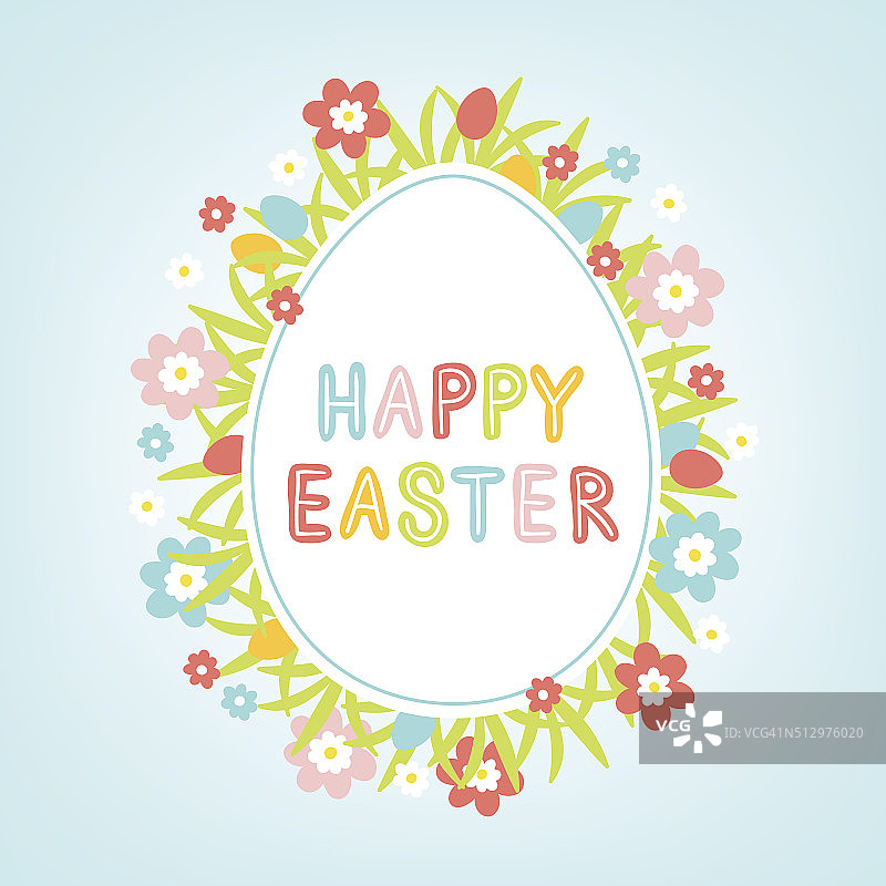 贺卡上有复活节蛋，草，花，短语复活节快乐图片素材