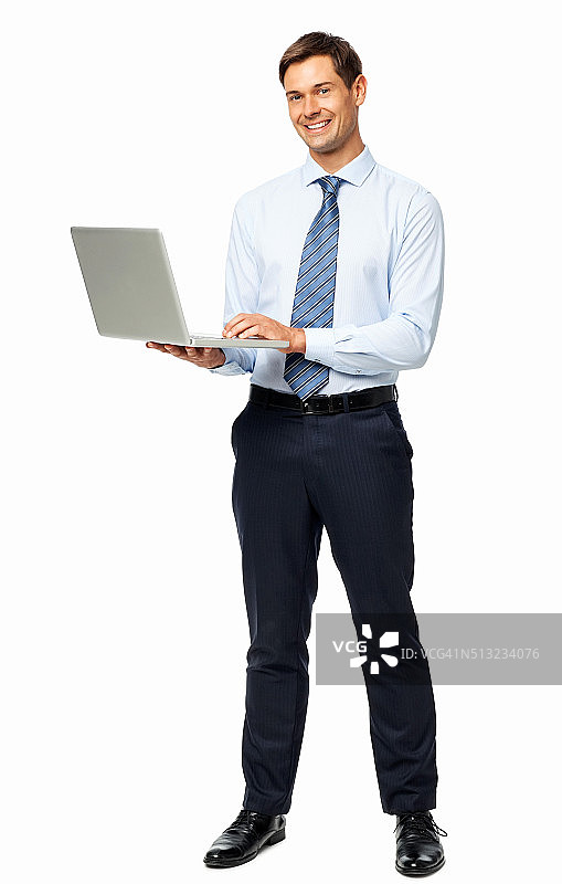 微笑的商人使用笔记本电脑的肖像图片素材