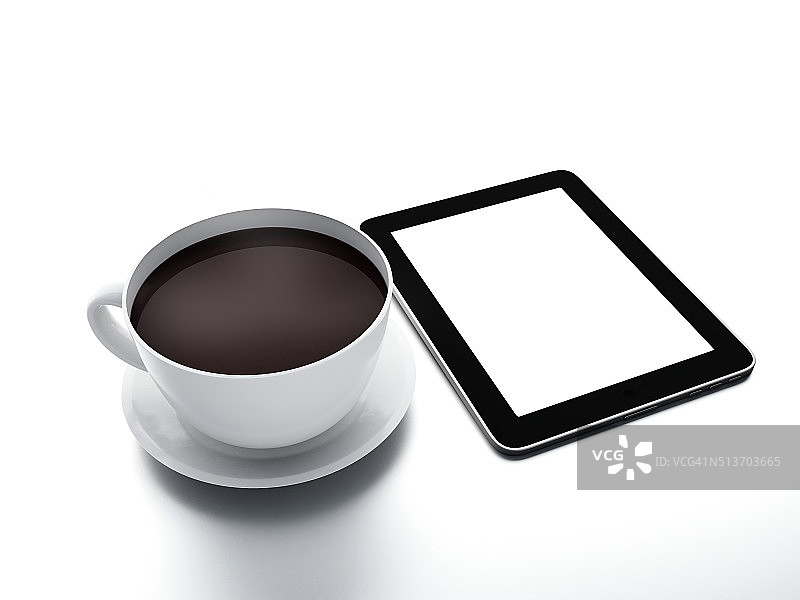 咖啡杯与平板电脑在白色孤立背景。图片素材