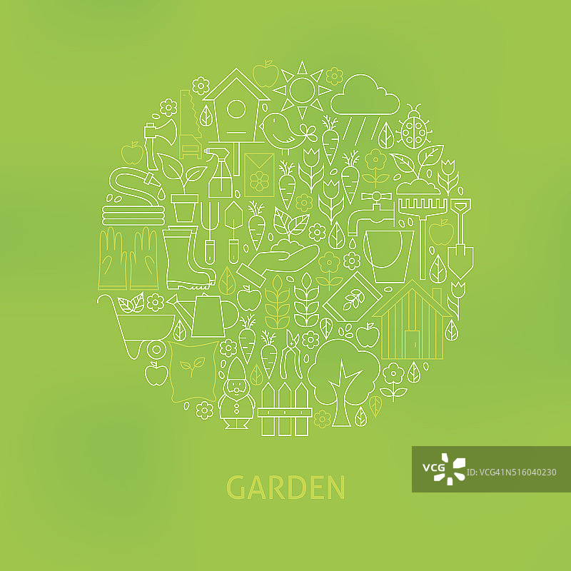 细线绿色园艺和花卉图标设置圆概念图片素材