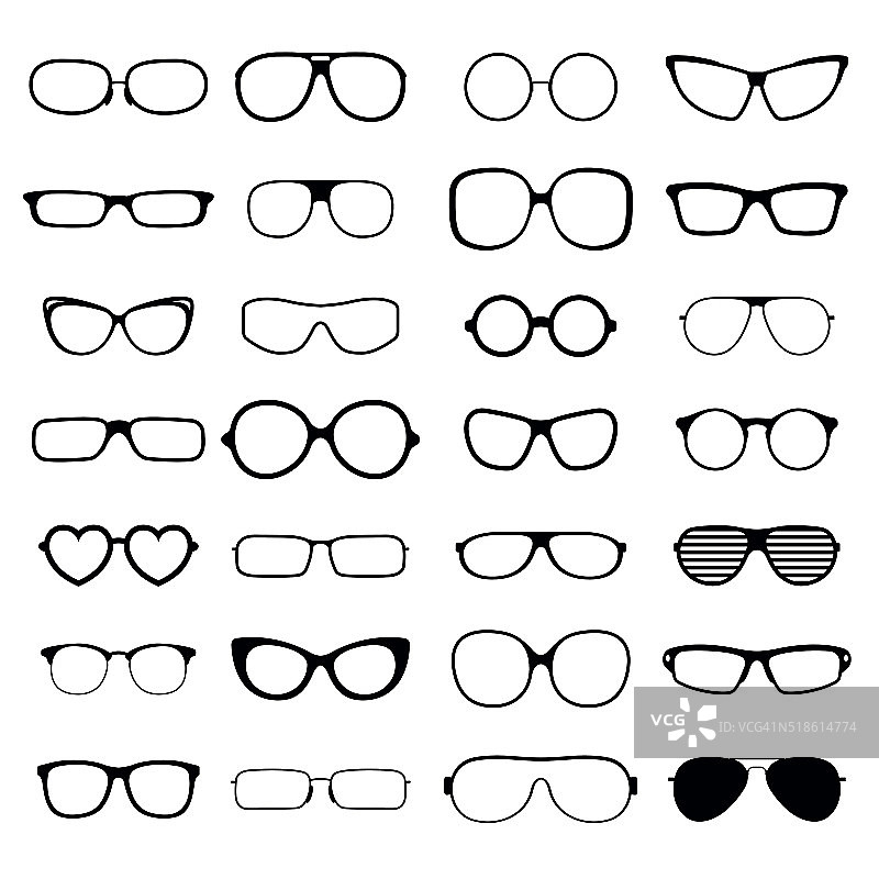 收藏各种款式的时尚眼镜纯黑色矢量剪影图片素材