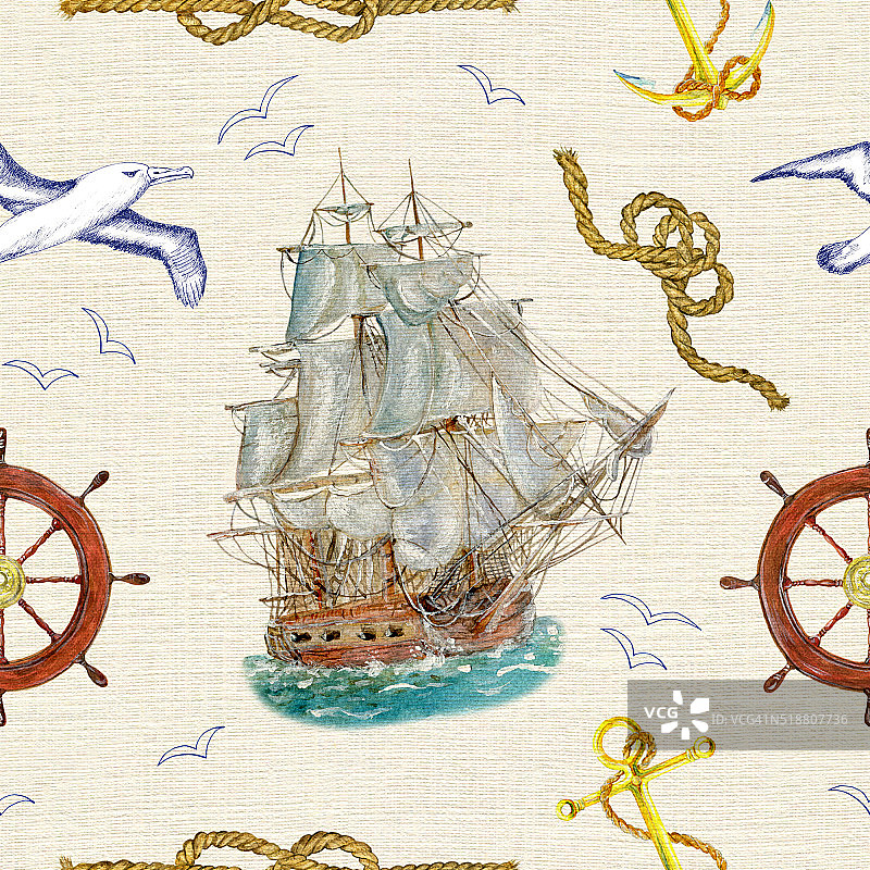 无缝模式与海洋符号和旧船图片素材