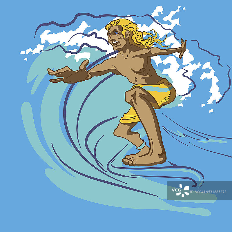 年轻的金发男子在陡峭的海浪上冲浪。图片素材