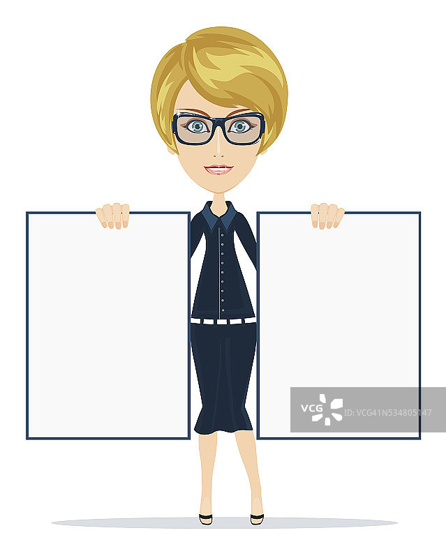 卡通教师女商人戴着眼镜举着两块海报白板图片素材