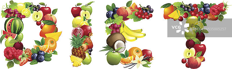 单词饮食由不同的水果和叶子组成图片素材