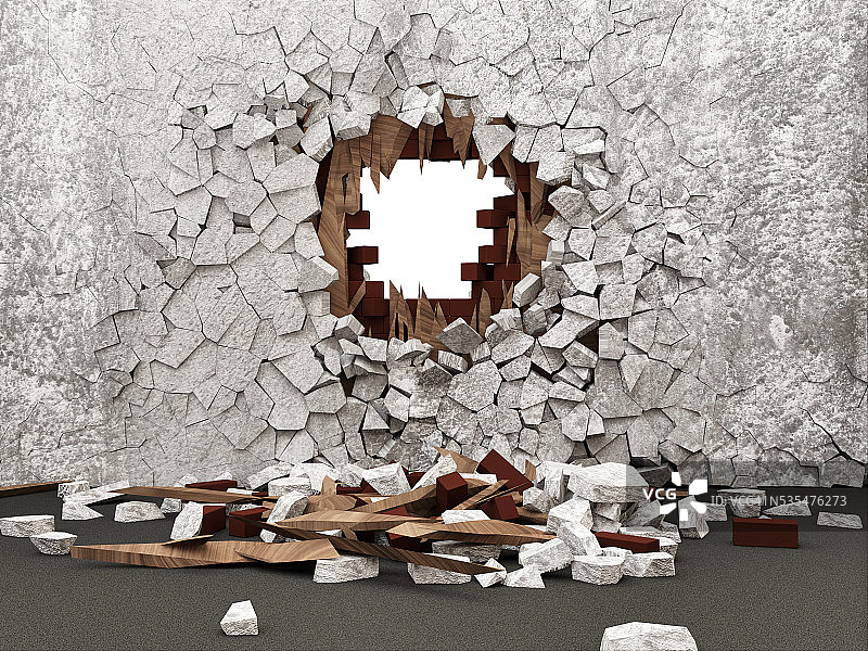 破碎的混凝土墙孤立在白色背景上图片素材