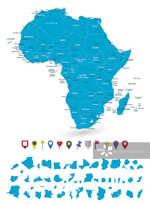 非洲地图与它的国家和平面地图指针图片素材