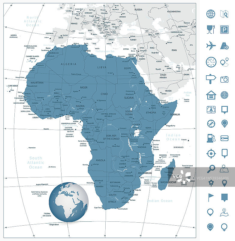 非洲高度详细的地图和导航图标。向量illustra图片素材