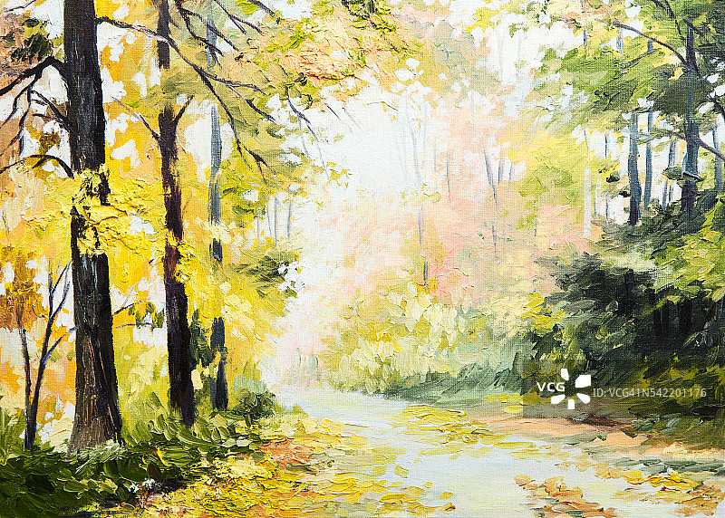 油画秋天的山水，路在一片五彩缤纷的森林里，艺术图片素材
