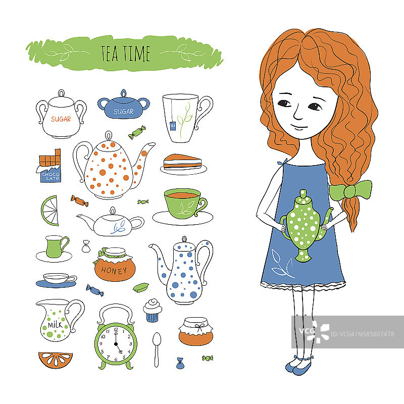 茶时间矢量插图与形象的女孩图片素材