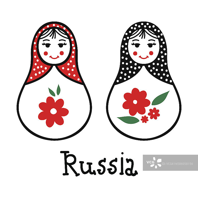 俄罗斯传统木制玩具头巾，俄罗斯套娃，简单的苏联元素。向量图片素材