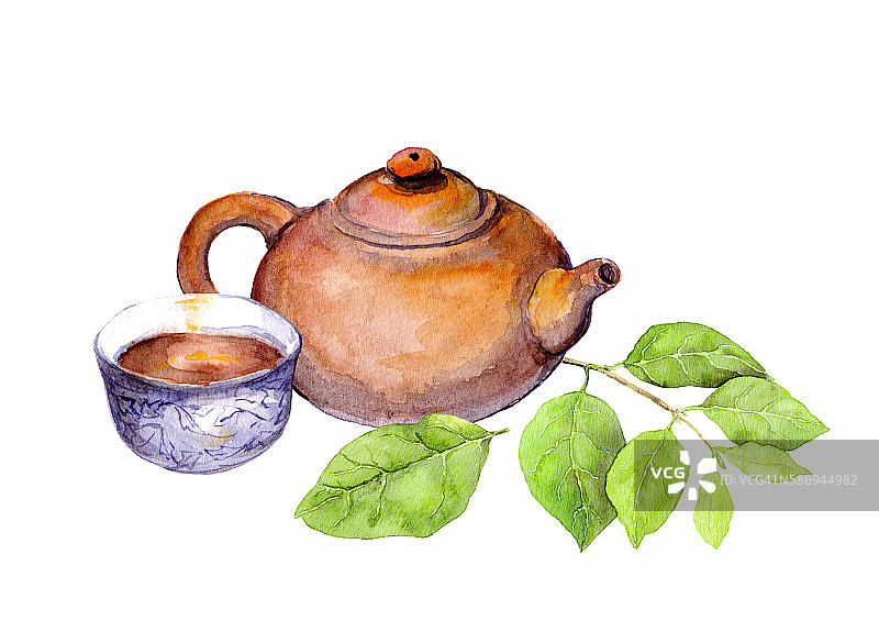 日本古董茶壶、茶杯和绿叶。水彩图片素材