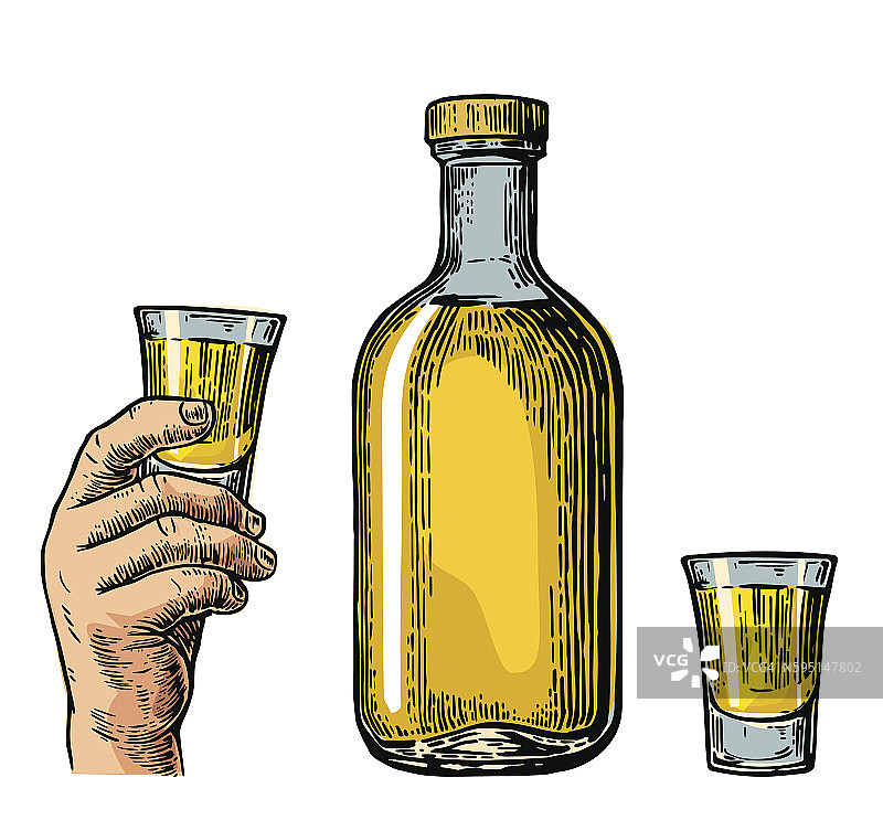 龙舌兰酒瓶和手持玻璃杯。图片素材