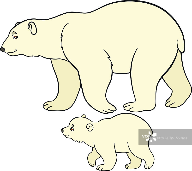 卡通动物。北极熊妈妈和她的孩子。图片素材