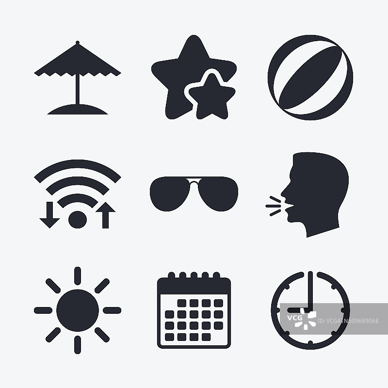 海滩假期图标。伞和太阳镜。图片素材