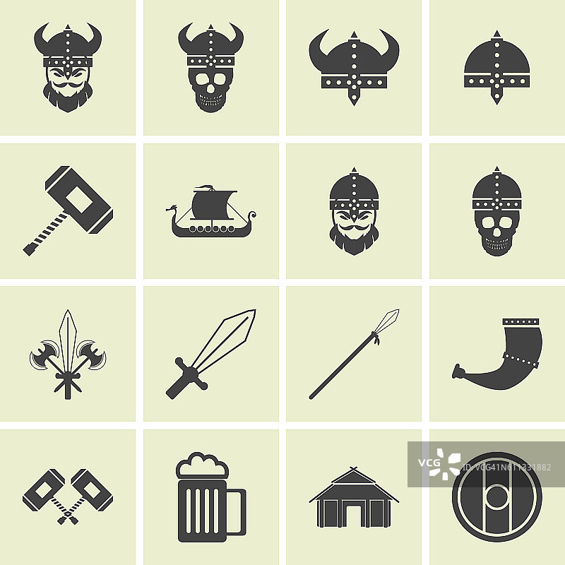 维京人和斯堪的纳维亚人的物品，食物，武器的平面图标设置图片素材