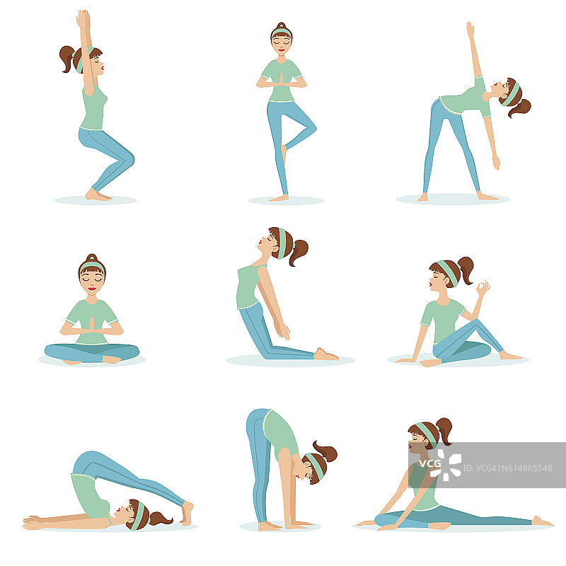 穿着蓝色训练服的女孩示范瑜伽体式图片素材