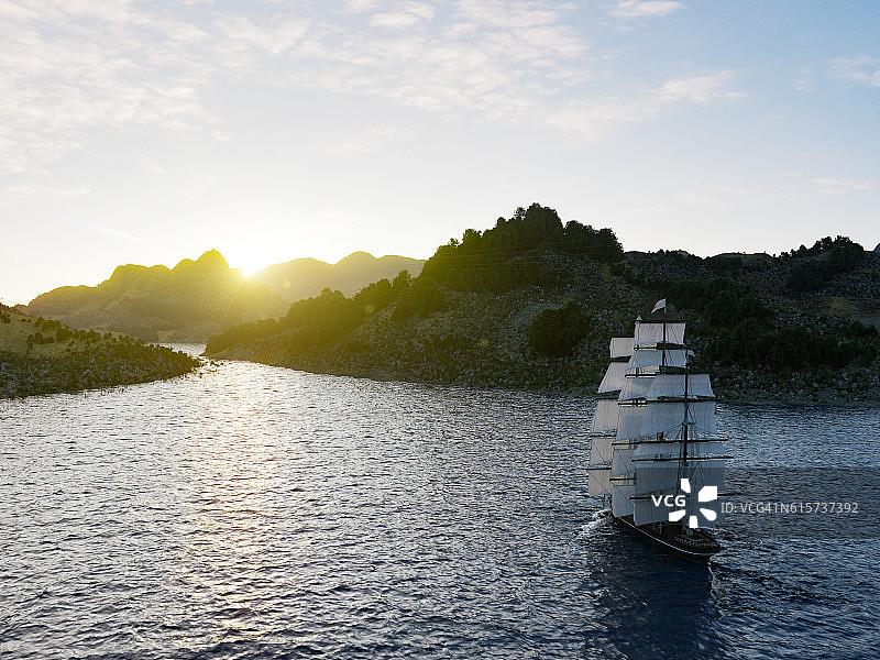 船航行在波涛汹涌的海面上接近日落的背景图片素材